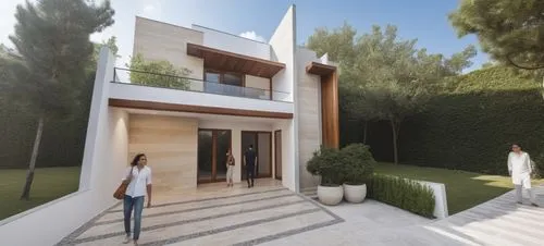 DISEÑO EXTERIOR DE CASA ESTILO MINIMALISTA, CON MUROS DE MARMOL TRAVERTINO, MUROS COLOR BLANCO, COLOR GRIS Y EL USO DE MADERA EN DETALLES Y PUERTA DEL ACCESO , PLANO CINEMATOGRAFICO, CORRECCION DE ERR