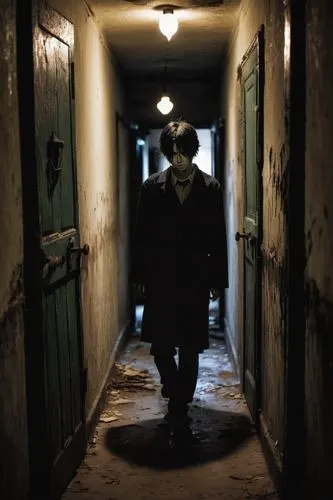 Dark, eerie nightmare corridor, dimly lit, flickering fluorescent lights, old, worn-out walls with peeling paint, rusty metal doors, creepy atmosphere, Shota, solo, scared expression, pale skin, messy