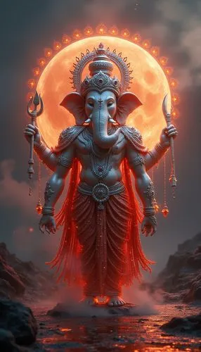 Lord Vinayaka, The majestic Grand temple, made of shimmering silver and red hues, stands alive in the midst of a chaotic lune. As the celestial sculpture comes alive, its fiery fiery hues dance and cl