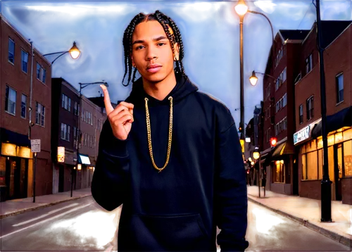 Young male rapper, black hoodie, gold chain, confident posture, microphone in hand, bold facial expression, braided hair, urban background, warm streetlight, 3/4 composition, shallow depth of field, h