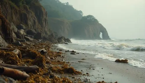 Muddy coastline, sustainable design, eco-friendly material, natural textures, earthy tones, waves crashing, seaweed-covered rocks, driftwood, beach debris, worn wooden planks, rusty metal scraps, weat