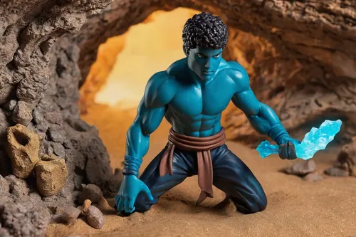 Skae wakes up with a sudden urge to explore an ancient cave rumored to hold mystical powers.,the blue caves,blue caves,dr. manhattan,cave man,sea man,actionfigure,smurf figure,sea god,merman,blue cave