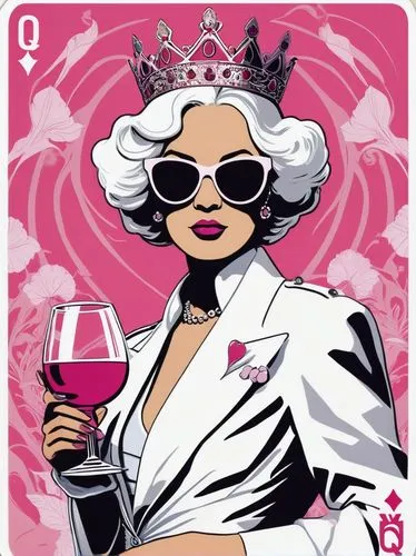 playing card graphic - queen, but with pink accents, sunglasses and a glass of wine in her hand. all in shades of white and pink, only outlines, graphic representation, unrealistic



















