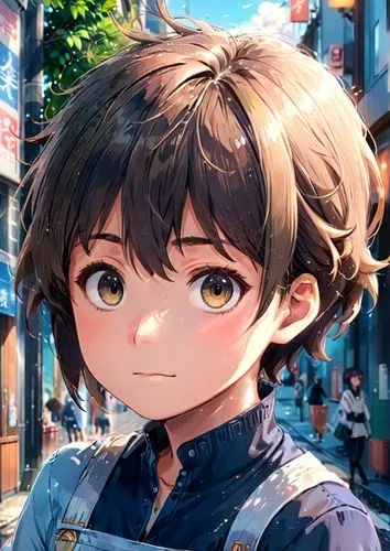 a anime girl looks at the sky while standing in front of a city street,niijima,nanako,yanmei,shimei,chihiro,makoto,Anime,Anime,General