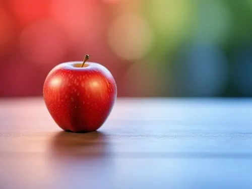 an apple sitting on a table, with the blurred background,red apple,piece of apple,ripe apple,apple core,apple logo,worm apple