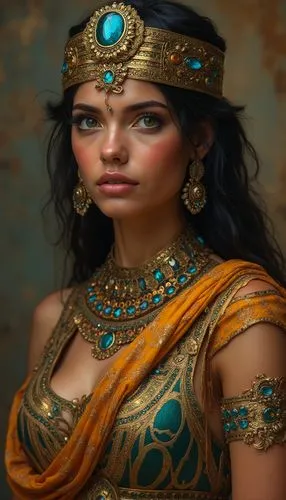 Hyperrealistic portrait of a beautiful Cleopatra wearing intricately detailed colorful ancient Egyptian clothing and ancient egyptian glass jewellery.,the beautiful woman wearing golden dress and jewe