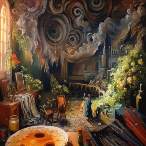 smoke art,fantasy art,psychedelic art,meticulous painting,alchemy,potter's wheel,fantasy picture,3d fantasy,mushroom landscape,cauldron,hobbiton,art painting,surrealism,candy cauldron,burning incense,