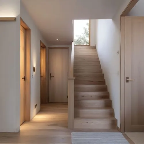 a wooden staircase with a long white carpet on the floor,hallway space,wooden stairs,wooden stair railing,outside staircase,mudroom,walk-in closet,Photography,General,Realistic