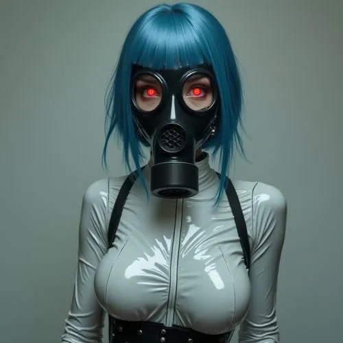  skinny, underweight, narrow waist,red eyes, blue hair, white latex, plugsuit, solo, breasts, white latex, plugsuit, black latex corset, fullface black gas mask, black gasmask covering head, black lat