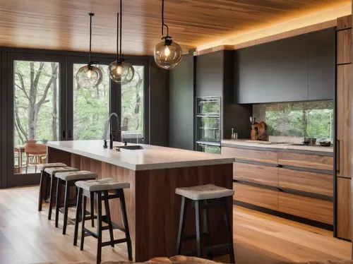 Kitchen Tagged: Kitchen, Wood Cabinet, Refrigerator, Medium Hardwood Floor, Ceiling Lighting, Pendant Lighting, Undermount Sink, and Range.  Music Box Residence by Scott | Edwards Architecture,dark ca