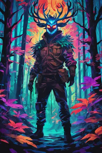 forest man,the stag beetle,stag beetle,glowing antlers,ranger,forest animal,coral guardian,the wanderer,stag,hunter's stand,wanderer,shaman,lone warrior,forest dark,game art,summoner,adventurer,samurai,woodsman,forest fire,Conceptual Art,Daily,Daily 21