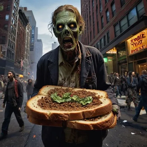 A movie poster of zombie bread walking the streets of New York at night. Titled "Night of the Living Bread" with a byline of "Burn that toast!" . Detailed poster with full credits and coming soon capt