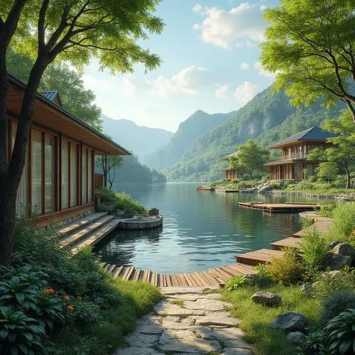 japan landscape,teahouse,landscape background,world digital painting,home landscape,beautiful japan,forest lake,ryokan,teahouses,house by the water,river landscape,shaoming,fantasy landscape,idyllic,house with lake,ryokans,asian architecture,onsen,green landscape,lake tanuki,Photography,General,Realistic