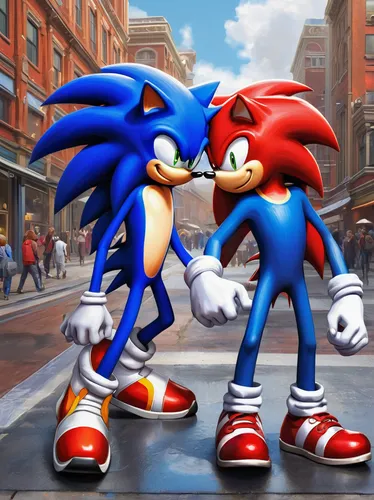 Paint a comedic Sonic fan art showing Sonic and Knuckles pulling a playful prank on each other in the bustling streets of Station Square.,sonic the hedgehog,sega,hedgehogs,red and blue,tails,hedgehog 