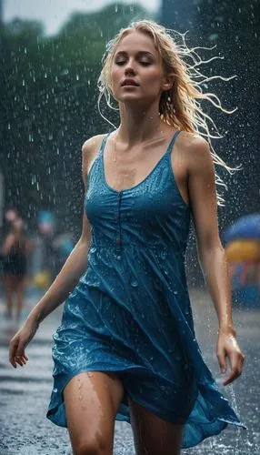 walking in the rain,in the rain,wet,wet girl,the blonde in the river,blue rain,rain shower,jennifer lawrence - female,female runner,sprint woman,stormy,woman walking,monsoon,splashing,in water,girl walking away,running,blue dress,blonde woman,girl on the river,Photography,General,Fantasy