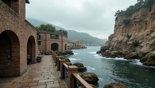 Rugged coastal landscape, crashing ocean waves, salty sea air, weathered stone walls, sturdy brick buildings, rustic textures, earthy color palette, natural rock formations, driftwood accents, beachsi