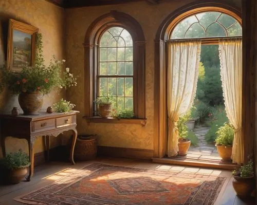 bay window,french windows,window curtain,sitting room,wooden windows,window treatment,windowsill,home landscape,open window,the window,bedroom window,window seat,big window,window covering,window sill,window,country cottage,window frames,dandelion hall,morning light,Illustration,American Style,American Style 15