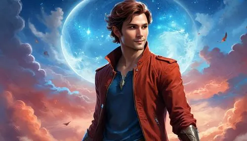 star-lord peter jason quill,sci fiction illustration,cg artwork,solo,marco,gale,rosa ' amber cover,lando,merlin,world digital painting,apollo,adam,vulcan,fantasy portrait,mystery book cover,ryan navion,game illustration,astronomer,fantasy picture,herfstanemoon,Illustration,Realistic Fantasy,Realistic Fantasy 01