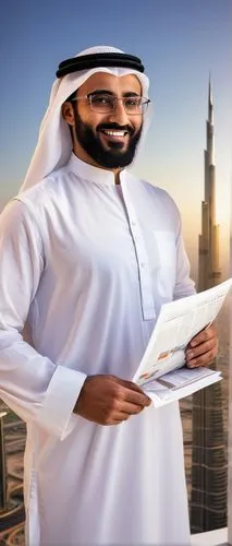 Middle Eastern male architect, 35yo, confident smile, black beard, glasses, white dishdasha, traditional Arabic attire, standing confidently, holding blueprints, gesturing passionately, modern skyscra