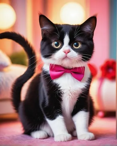 tuxedo,bow-tie,bow tie,pink bow,bowtie,tux,tuxedo just,cute tie,cute cat,animals play dress-up,pink cat,pink tie,domestic short-haired cat,gentlemanly,cat kawaii,doll cat,red bow,formal guy,satin bow,cat image,Illustration,Paper based,Paper Based 12
