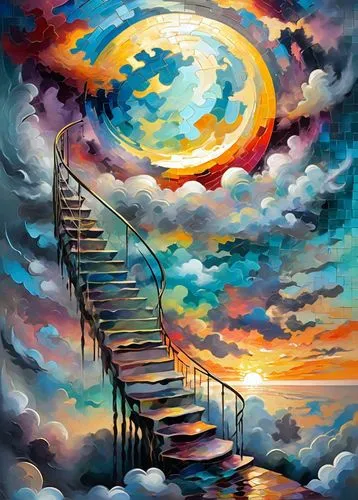 sunset  in the clouds, house on the beach, jigsaw puzzle, mosaic fading gray colors round sphere in the cloud, birds, stairway to heaven,stairway to heaven,heavenly ladder,stairway,staircase,winding s