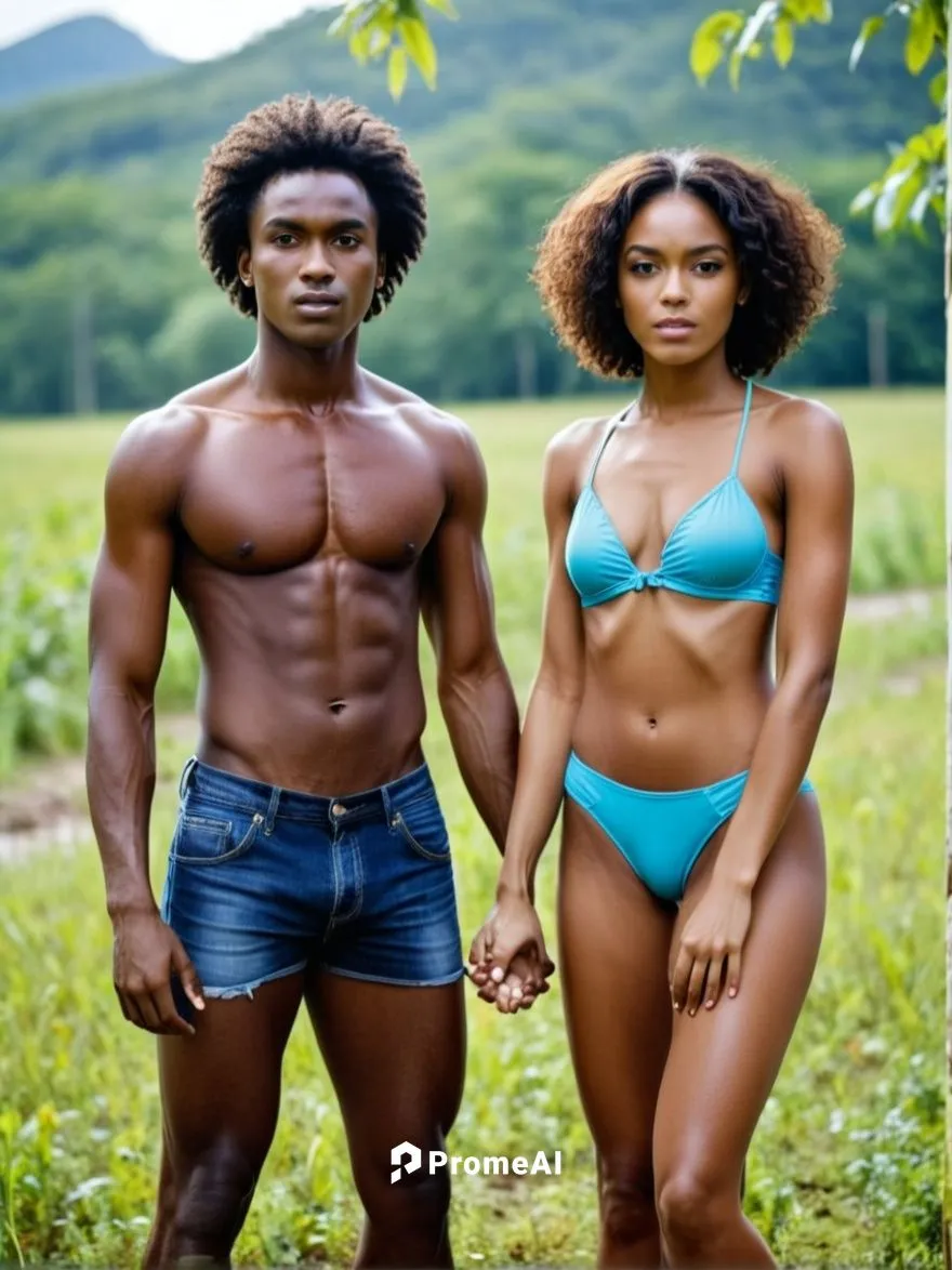 In a comic sequence of four pictures: Dark-skinned boy and dark-skinned girl turn towards each other and approach each other until they kiss.,a man and woman in underwear standing next to each other,b