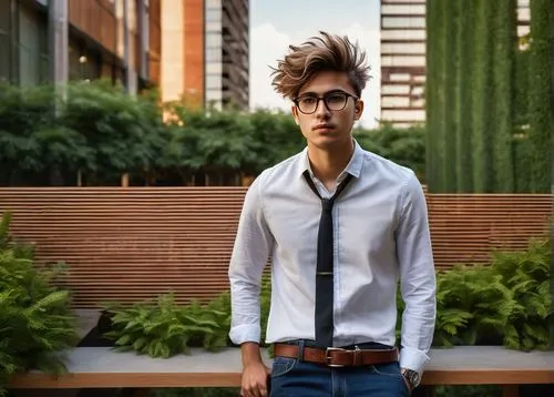 Bachelor in architecture, young adult male, 25yo, stylish messy hair, black framed glasses, white shirt, dark blue jeans, leather belt, brown loafers, holding architectural model, standing, modern uni