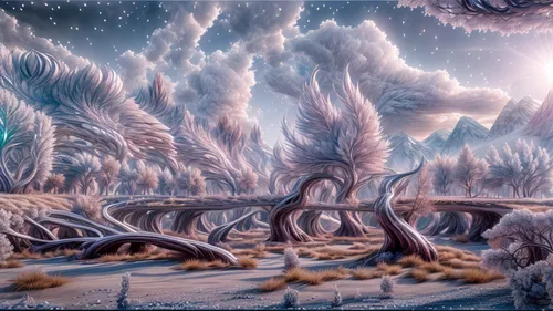 fantasy landscape,mushroom landscape,ice planet,alien planet,alien world,futuristic landscape,ice landscape,terraforming,lunar landscape,fractal environment,swampy landscape,ghost forest,salt meadow landscape,mandelbulb,tree grove,fantasy picture,hoarfrost,post-apocalyptic landscape,virtual landscape,dune landscape