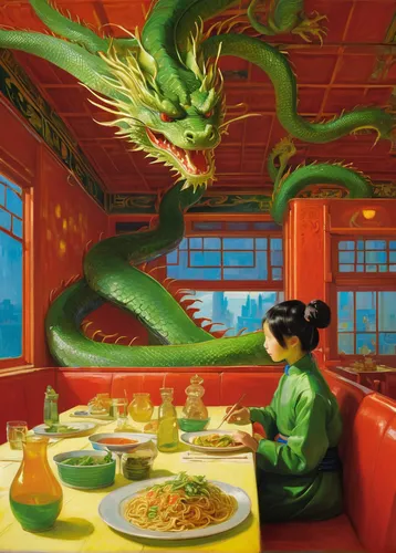 Imagine a futuristic version of Mr. Dragon Noodle House.,green dragon,chinese dragon,chinese restaurant,dragon of earth,dragon li,golden dragon,chinese food,dragon boat,noodle image,chinese cuisine,dr