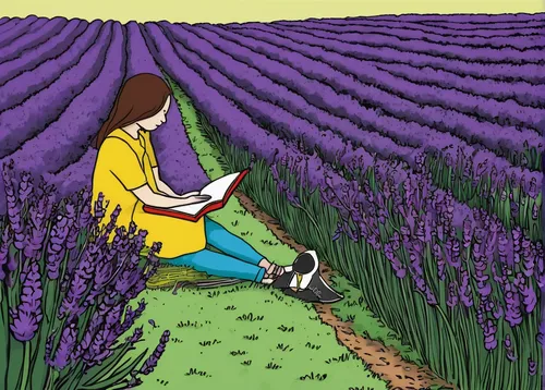 Imagine a peaceful garden filled with lavender, where a character finds solace.,the lavender flower,lavender fields,lavender cultivation,lavender field,chives field,girl picking flowers,lavandula,vale