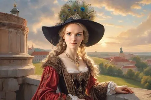 the hat of the woman,girl in a historic way,iulia hasdeu castle,woman with ice-cream,romantic portrait,the hat-female,fantasy portrait,beautiful bonnet,bohemia,woman's hat,a charming woman,fantasy picture,eufiliya,rapunzel,victorian lady,old elisabeth,tudor,woman holding pie,bastei,hanseatic city,Digital Art,Classicism