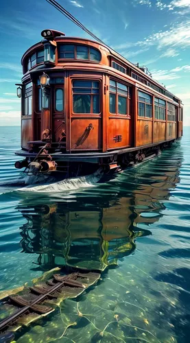 日本舊式電車,行駛在海上,軌道在海面下,傍晚彩霞,abandoned boat,water taxi,water bus,wooden train,railway carriage,trolley train,electric train,railroad car,water transportation,sunken boat,the lisbon tram,train car,wooden b