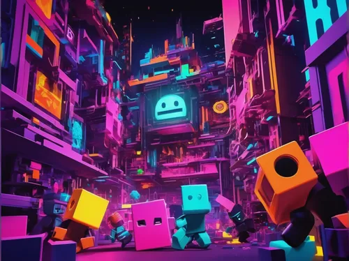 colorful city,cyberpunk,tetris,neon ghosts,cubes,fantasy city,pixaba,metropolis,game art,cubic,cube background,pixel cube,blocks,space port,cinema 4d,tokyo city,dystopia,computer art,fragmentation,pac-man,Conceptual Art,Oil color,Oil Color 21