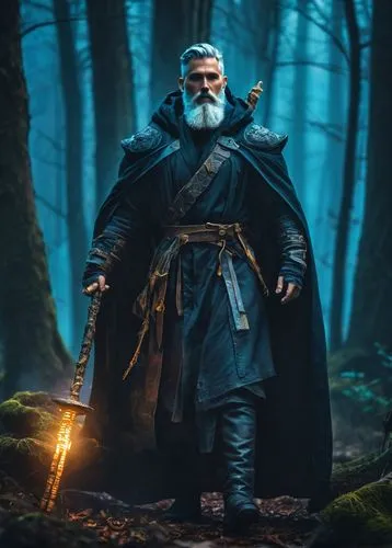 Tortle sorcerer, male, muscular, 30yo, wild grey hair, thick beard, intense eyes, worn leather boots, torn black robe, golden accents, holding staff, standing, misty forest, ancient trees, glowing mus