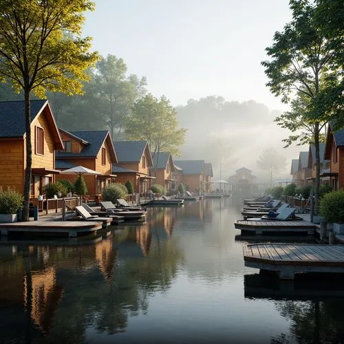 Serene lakefront, misty morning atmosphere, rustic wooden docks, vibrant nautical colors, eclectic boathouse expressionism buildings, irregular shapes, bold architectural forms, natural stone foundati