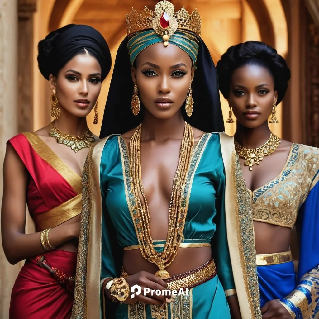 A captivating image of a stunning African woman, Bella, standing elegantly with exoticism. She is one of three gorgeous female women from different nations serving a wealthy Arabian Sheik. Bella is ad