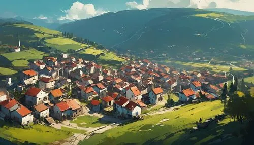 alpine village,mountain village,mountain settlement,escher village,knight village,bernese highlands,medieval town,butka,township,highstein,townsmen,alpine pastures,hillside,mountain huts,villages,oberland,wooden houses,aurora village,houses,grindelwald,Conceptual Art,Fantasy,Fantasy 06