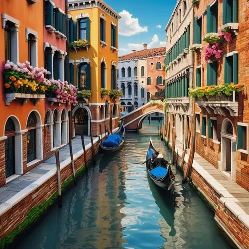 Venice-style architecture, Lego bricks, colorful buildings, intricate details, ornate facades, grand canal, water reflections, sunny day, clear blue sky, puffy white clouds, seagulls flying overhead, 