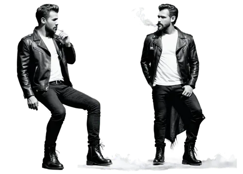 Smoking man, black and white filter, mature, muscular, beard, messy hair, leather jacket, white shirt, black pants, boots, holding cigarette, blowing smoke, close-up shot, shallow depth of field, dram