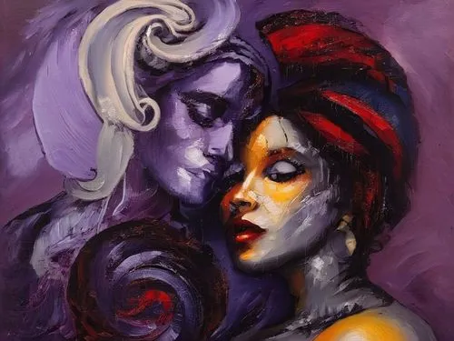 Passion Sexy Painting ,Naked Woman  Abstract Body Art Oil Painting,an artistic image of two women, one with face paint and one with body art and one without,amantes,garamantes,amants,bodypainting,baci