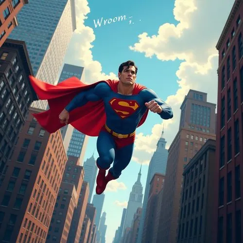 superman racing between the skyscrapers of New York, 1050s comic style, the word "Wroooom..." written in the clouds,a man dressed as superman flies through the air,superman,super man,supes,kryptonian,