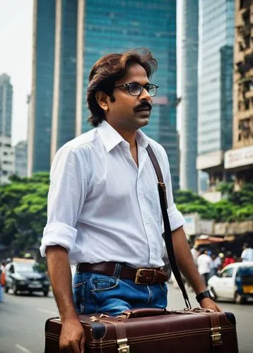 Middle-aged man, architecture designer, Mumbai, India, messy brown hair, black-rimmed glasses, white shirt, dark blue jeans, black leather belt, carrying a large portfolio case, standing, urban citysc