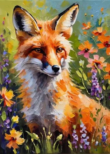 fox,red fox,a fox,watercolour fox,garden-fox tail,adorable fox,cute fox,vulpes vulpes,redfox,little fox,flower painting,child fox,oil painting,oil painting on canvas,springtime background,flower animal,foxes,fox in the rain,fox hunting,animal portrait,Conceptual Art,Oil color,Oil Color 22