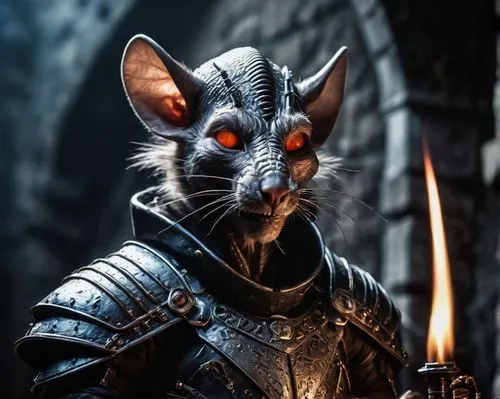 Wererat, fantasy creature, mythical being, humanoid body, rat ears, whiskers, sharp teeth, glowing eyes, intricate armor, leather straps, silver buckles, medieval background, stone walls, torches, mys