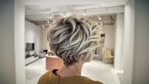 updo,back of head,asymmetric cut,pixie-bob,layered hair,feathered hair,pin hair,chignon,hairstyle,hair,smooth hair,short blond hair,surfer hair,natural color,neutral color,glacier gray,gray color,bun 