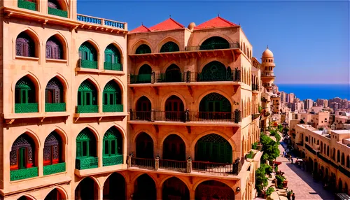 Beirut cityscape, Lebanon flag, Middle Eastern architecture, domed mosque, arches, minarets, intricate stone carvings, colorful tiles, balconies with iron railings, narrow cobblestone streets, crowded