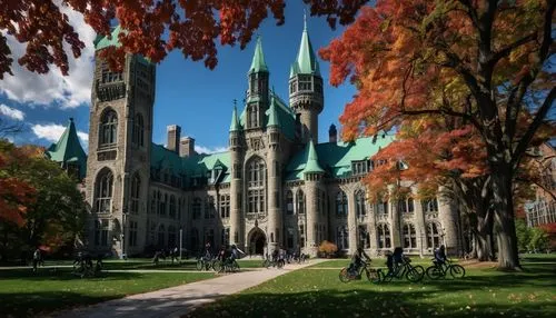 University of Toronto architecture, grand entrance, stone columns, intricate carvings, Gothic Revival style, sprawling green lawn, vibrant autumn foliage, distant Toronto skyscrapers, cloudy sky, dram