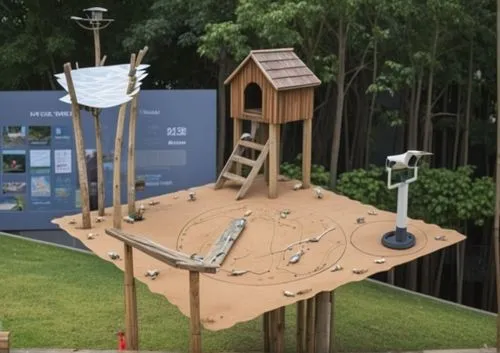 Generated screen: large-scale interactive game equipment {see attached picture}, background: park, ground: grassland, theme: understanding the home of birds, target audience: teenagers aged 8 to 15, l