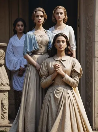 Grace Kelly, Aishwarya Rai and Scarlett Johansson in the Country.,three women in dresses stand on the steps,begums,countesses,noblewomen,handmaidens,maidservants,handmaids,Photography,Documentary Phot