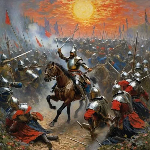 Create a story that shows a rebel leader dying at the hands of a king in the middle of a war between three magic kingdoms, with knights of different uniforms fighting,agincourt,batalla,bollandists,bur